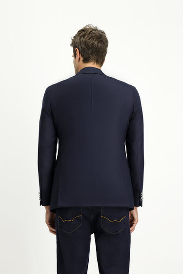 Koyu Lacivert Slim Fit Dar Kesim Desenli Kruvaze Ceket