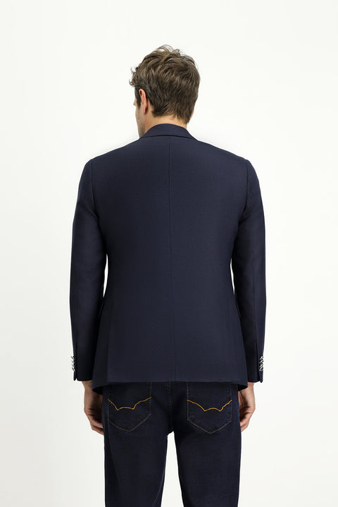 Koyu Lacivert 7 Drop Slim Fit Dar Kesim Desenli Kruvaze Ceket