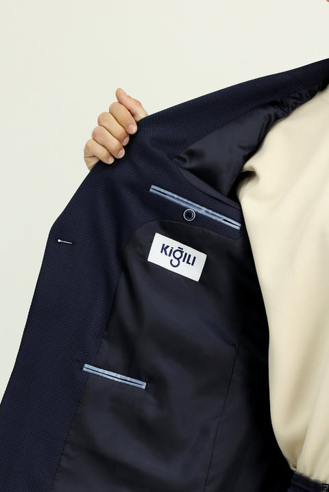 Koyu Lacivert 7 Drop Slim Fit Dar Kesim Desenli Kruvaze Ceket