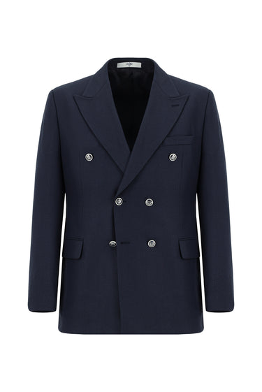 Koyu Lacivert Slim Fit Dar Kesim Desenli Kruvaze Ceket