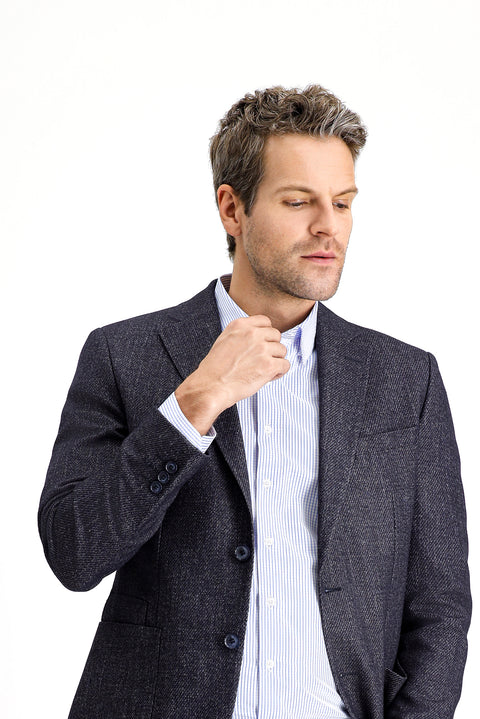 Koyu Lacivert 7 Drop Slim Fit Dar Kesim Desenli Yünlü Ceket