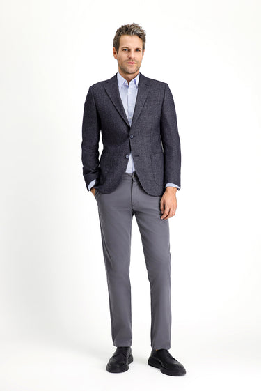 Koyu Lacivert Slim Fit Dar Kesim Desenli Yünlü Ceket