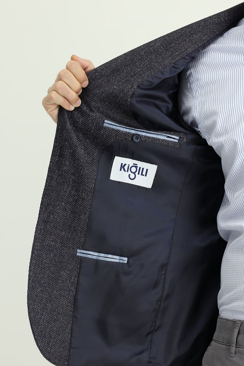 Koyu Lacivert 7 Drop Slim Fit Dar Kesim Desenli Yünlü Ceket