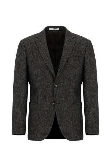 Koyu Haki Slim Fit Dar Kesim Desenli Yünlü Ceket