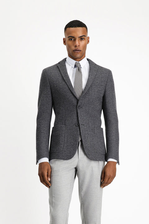 Koyu Antrasit 4 Drop Relaxed Fit Rahat Kesim Yünlü Spor Ceket