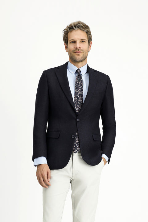 Koyu Lacivert 6 Drop Regular Fit Standart Kesim Desenli İtalyan Yünlü Klasik Ceket