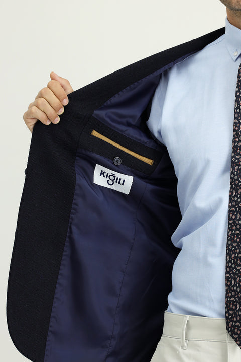 Koyu Lacivert 6 Drop Regular Fit Standart Kesim Desenli İtalyan Yünlü Klasik Ceket