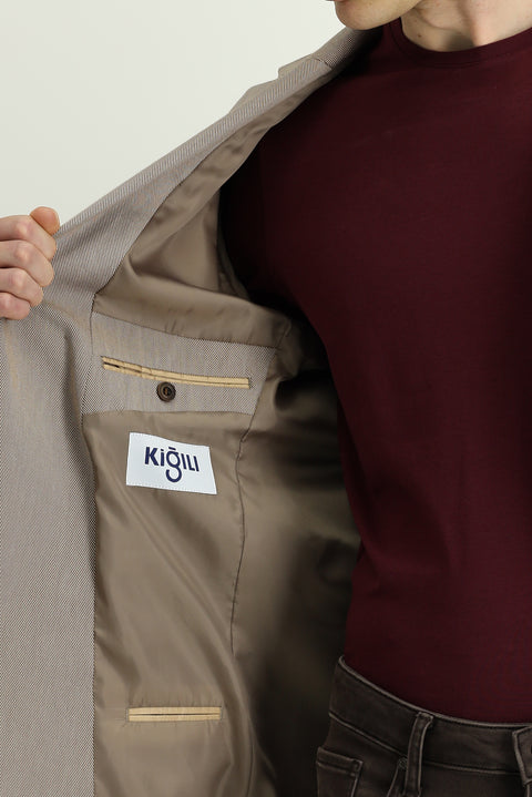 Açık Kahve  6 Drop Regular Fit Standart Kesim Klasik Desenli Ceket