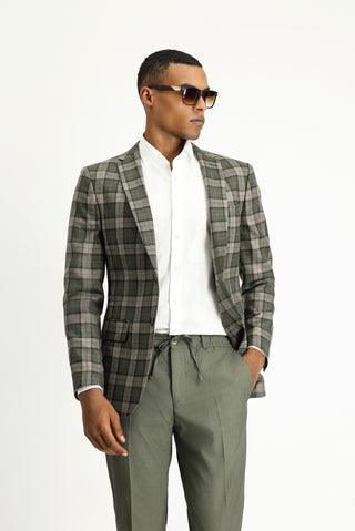  Orta Haki Super Slim Fit Ekstra Dar Kesim Ekose Yün Ceket