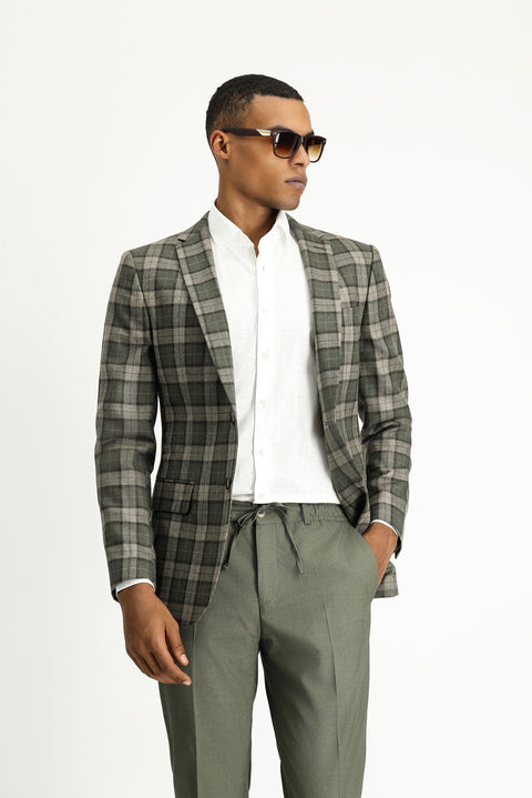 Orta Haki 7 Drop Super Slim Fit Eksra Dar Kesim Ekose Yün Ceket