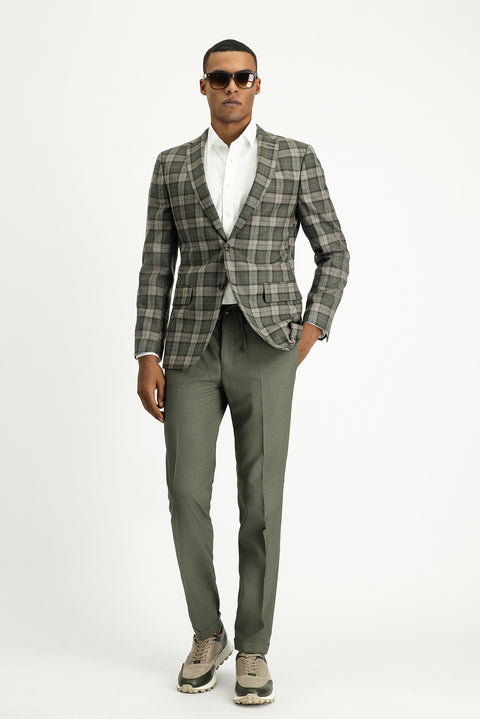 Orta Haki 7 Drop Super Slim Fit Eksra Dar Kesim Ekose Yün Ceket