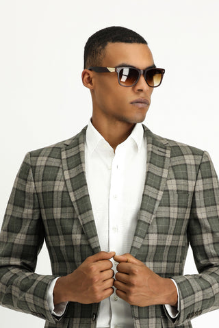  Orta Haki Super Slim Fit Ekstra Dar Kesim Ekose Yün Ceket