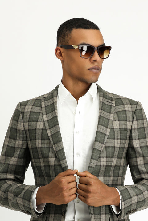 Orta Haki 7 Drop Super Slim Fit Eksra Dar Kesim Ekose Yün Ceket