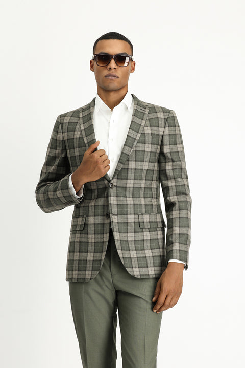 Orta Haki 7 Drop Super Slim Fit Eksra Dar Kesim Ekose Yün Ceket