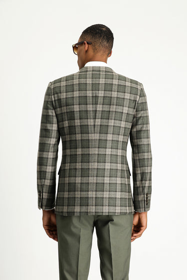 Orta Haki Super Slim Fit Ekstra Dar Kesim Ekose Yün Ceket