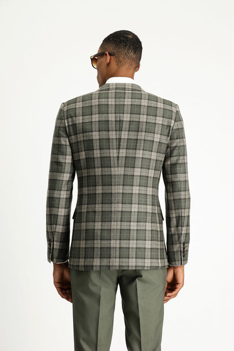 Orta Haki 7 Drop Super Slim Fit Eksra Dar Kesim Ekose Yün Ceket