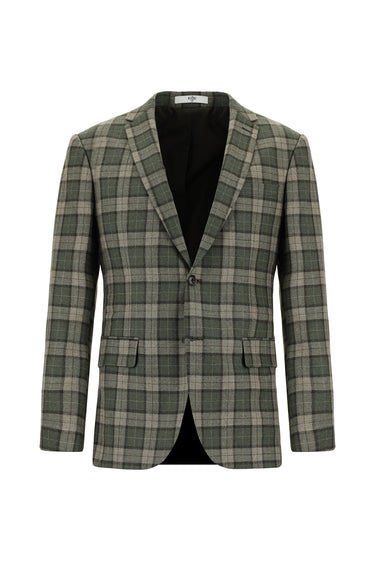 Orta Haki Super Slim Fit Ekstra Dar Kesim Ekose Yün Ceket