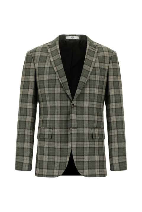 Orta Haki 7 Drop Super Slim Fit Eksra Dar Kesim Ekose Yün Ceket