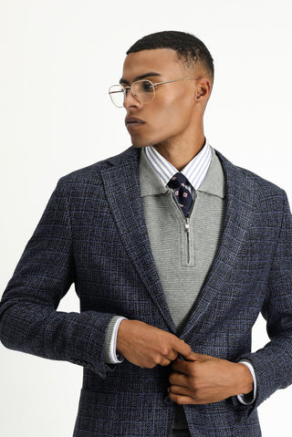  Orta Lacivert Slim Fit Dar Kesim Desenli Spor Yünlü Ceket