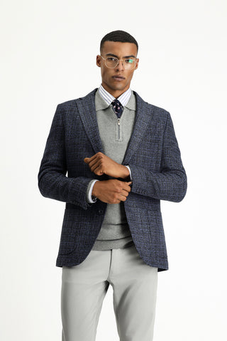  Orta Lacivert Slim Fit Dar Kesim Desenli Spor Yünlü Ceket