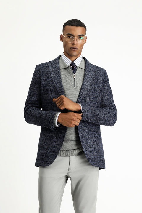 Orta Lacivert 7 Drop Slim Fit Dar Kesim Desenli Spor Yünlü Ceket