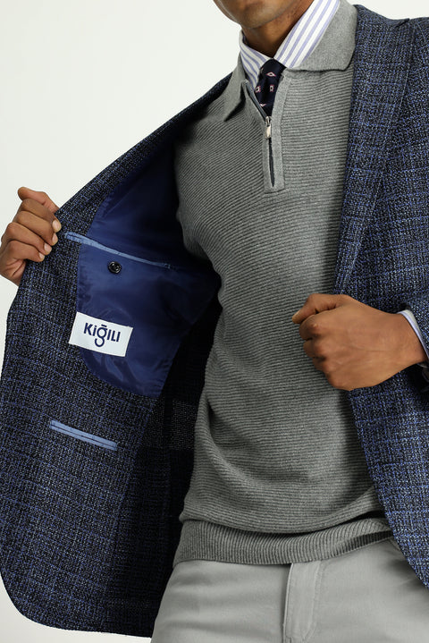 Orta Lacivert 7 Drop Super Slim Fit Eksra Dar Kesim Desenli Spor Yünlü Ceket