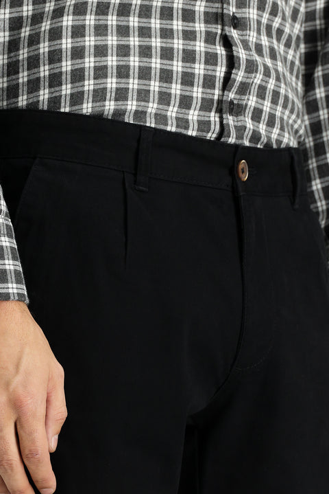 Siyah Regular Fit Standart Kesim Likralı Pileli Kanvas / Chino Pantolon