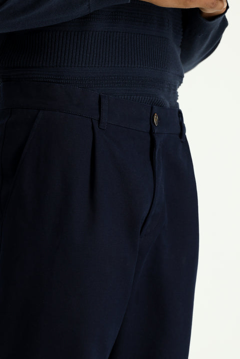 Dark Navy Relaxed Fit Stretch Pleated Canvas / Chino Trousers