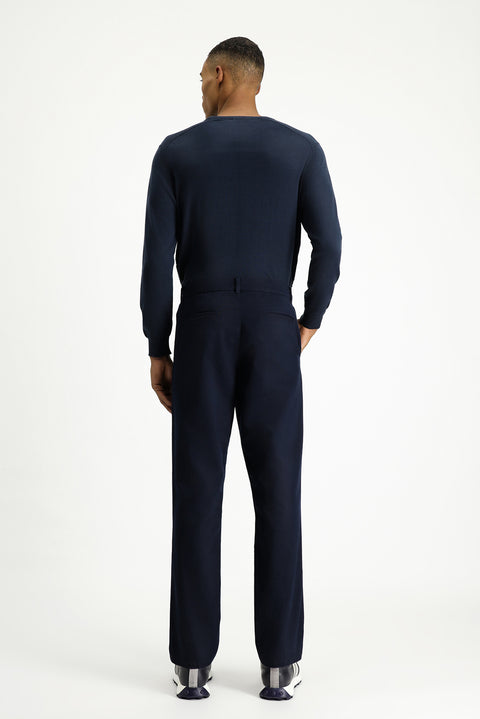 Koyu Lacivert Relaxed Fit Rahat Kesim Likralı Pileli Kanvas / Chino Pantolon