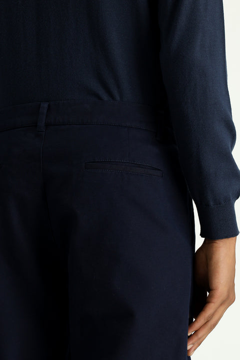 Dark Navy Regular Fit Standard Cut Lycra Pleated Canvas / Chino Trousers