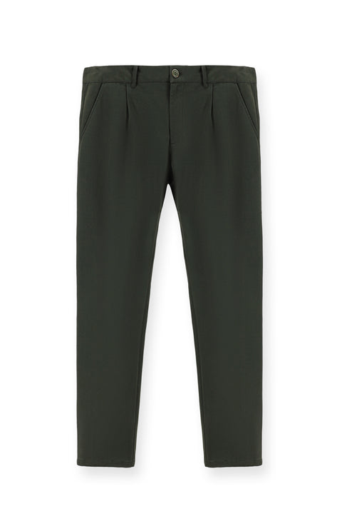 Medium Khaki Regular Fit Standard Cut Lycra Pleated Canvas / Chino Trousers