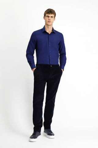  Koyu Lacivert Regular Fit Likralı Pileli Kadife Pantolon