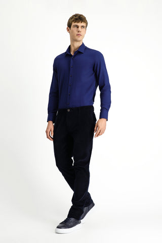  Koyu Lacivert Regular Fit Likralı Pileli Kadife Pantolon