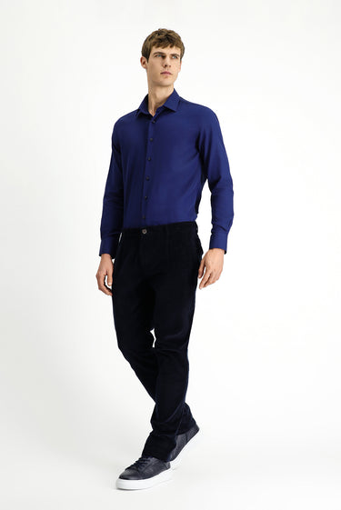  Koyu Lacivert Relaxed Fit Rahat Kesim Likralı Pileli Kadife Pantolon