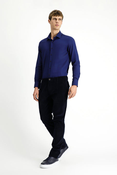 Koyu Lacivert 4 Drop Relaxed Fit Rahat Kesim Likralı Pileli Kadife Pantolon