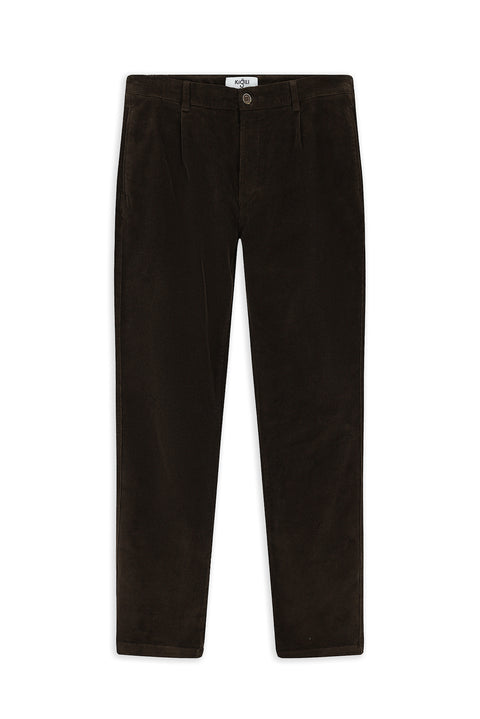 Dark Brown Regular Fit Standard Cut Lycra Pleated Velvet Trousers