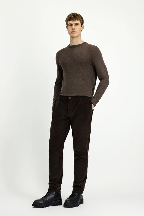 Dark Brown Regular Fit Standard Cut Lycra Pleated Velvet Trousers