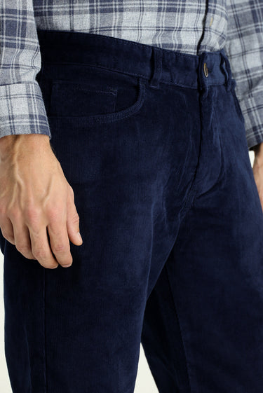 Orta Lacivert Regular Fit Likralı Kadife Pantolon