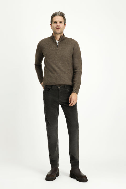 Orta Haki 7 Drop Slim Fit Dar Kesim Likralı Kadife Pantolon