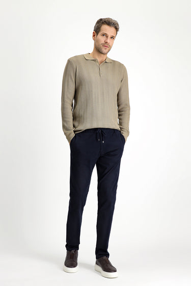 Koyu Lacivert Slim Fit Dar Kesim Likralı Beli Lastikli İpli Pantolon