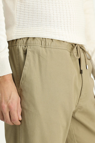  Orta Bej Slim Fit Dar Kesim Likralı Beli Lastikli İpli Pantolon