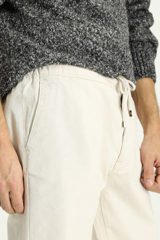  Krem Slim Fit Dar Kesim Likralı Beli Lastikli İpli Pantolon