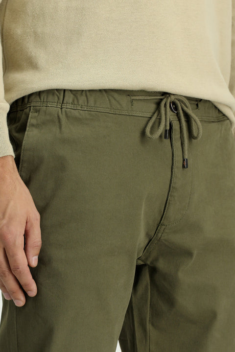 Asker Haki 7 Drop Slim Fit Dar Kesim Likralı Beli Lastikli İpli Jogger Pantolon