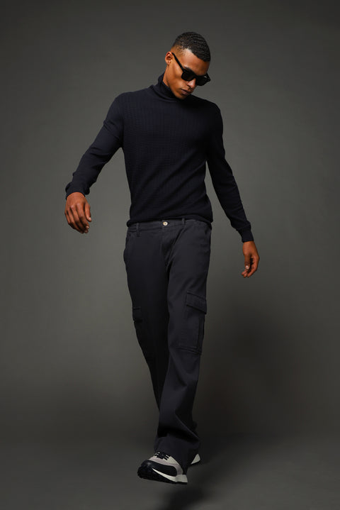 Siyah 6 Drop Regular Fit Standart Kesim Likralı Beli Lastikli Kargo Pantolon