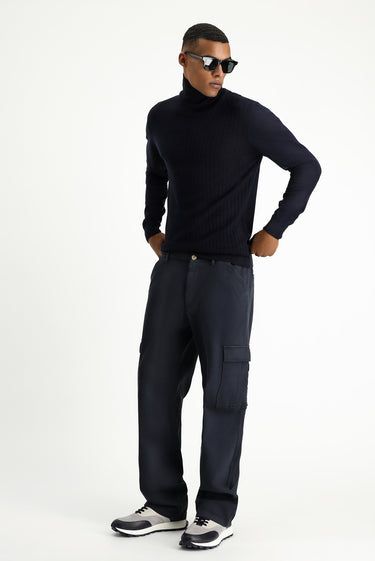  Siyah Regular Fit Likralı Beli Lastikli Kargo Pantolon