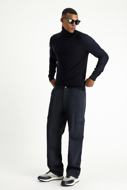 Siyah 6 Drop Regular Fit Standart Kesim Likralı Beli Lastikli Kargo Pantolon