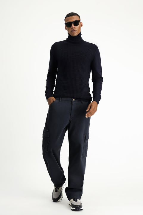 Siyah 6 Drop Regular Fit Standart Kesim Likralı Beli Lastikli Kargo Pantolon