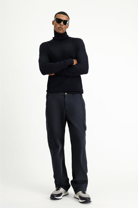 Siyah 6 Drop Regular Fit Standart Kesim Likralı Beli Lastikli Kargo Pantolon