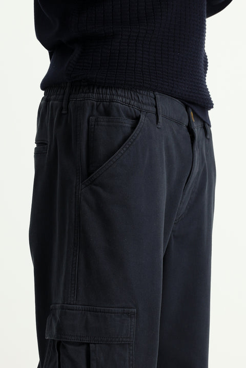 Siyah 6 Drop Regular Fit Standart Kesim Likralı Beli Lastikli Kargo Pantolon