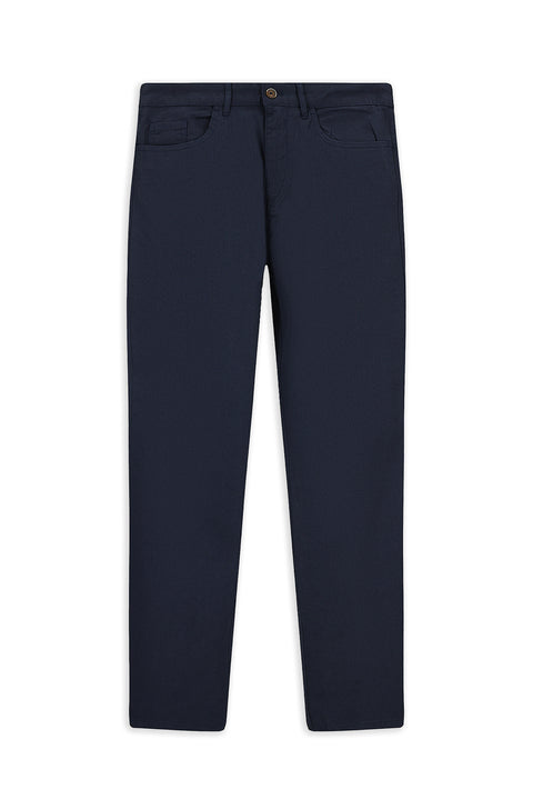 Medium Navy Regular Fit Standard Cut Patterned Lycra Canvas / Chino Trousers